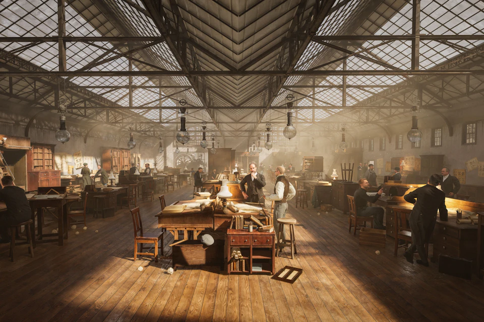 A historical workshop with workers at wooden tables under a glass roof, engaged in various crafts and activities.
