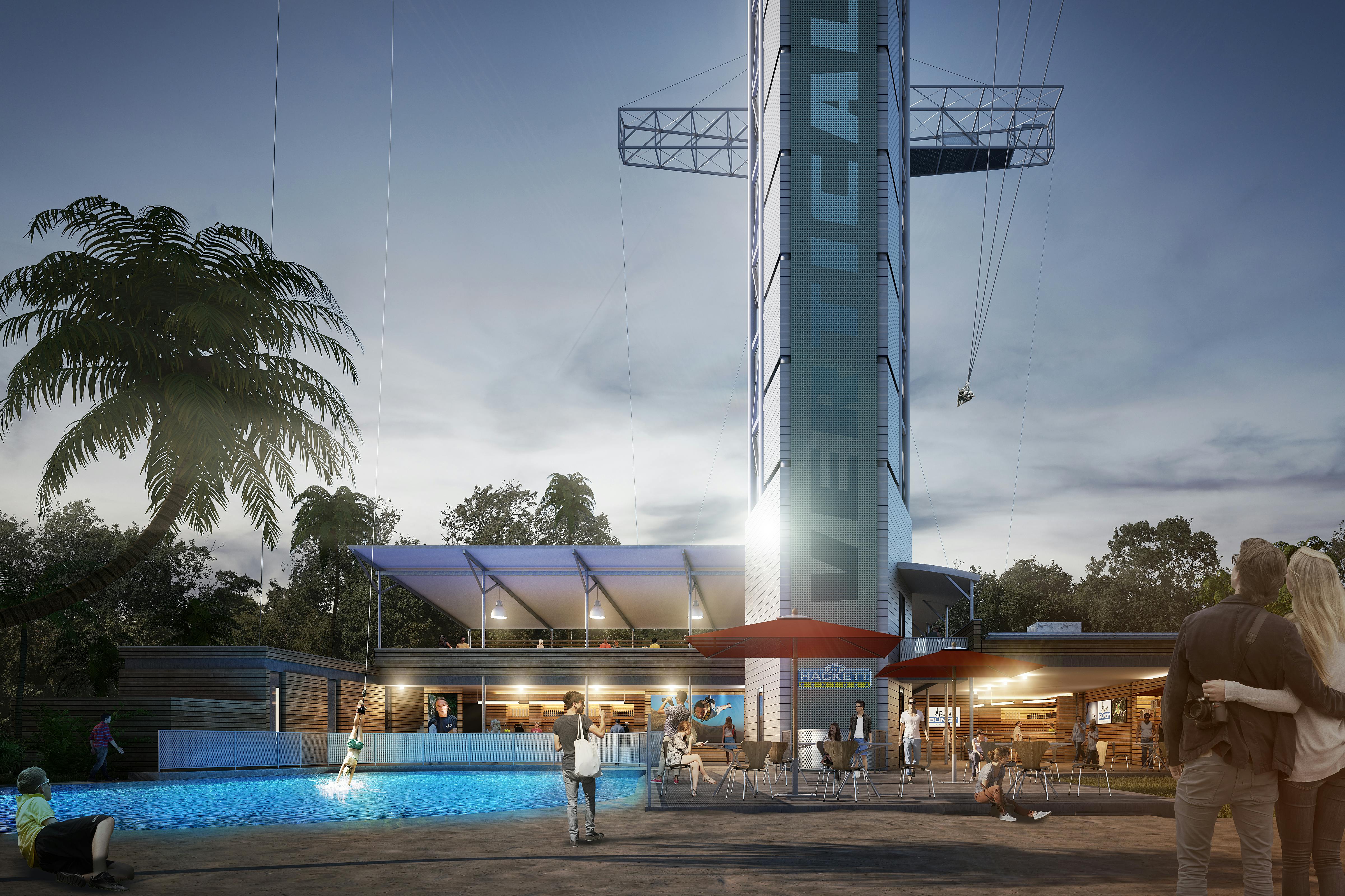 Outdoor scene with a tall "VERTICAL" sign, people dining at tables, a pool with a rope swing, and a man holding a surfboard.