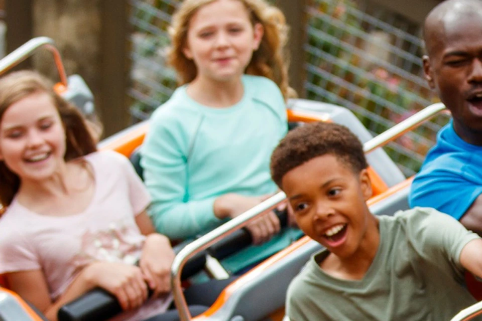 A group of people enjoying a small wooden roller coaster ride in an outdoor amusement park setting.