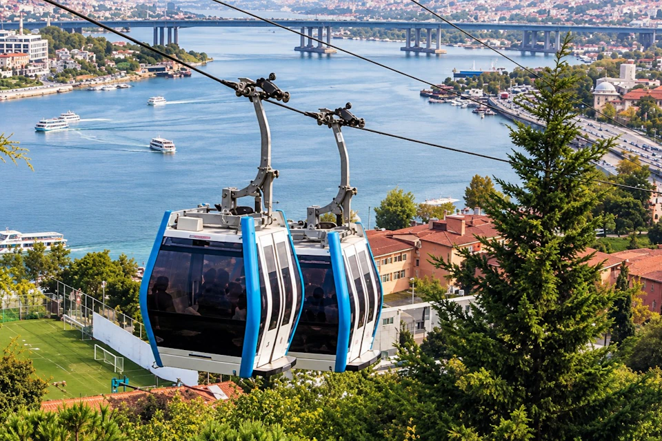 Two cable cars suspended over a scenic waterfront area with bridges, buildings, and trees in the background.
