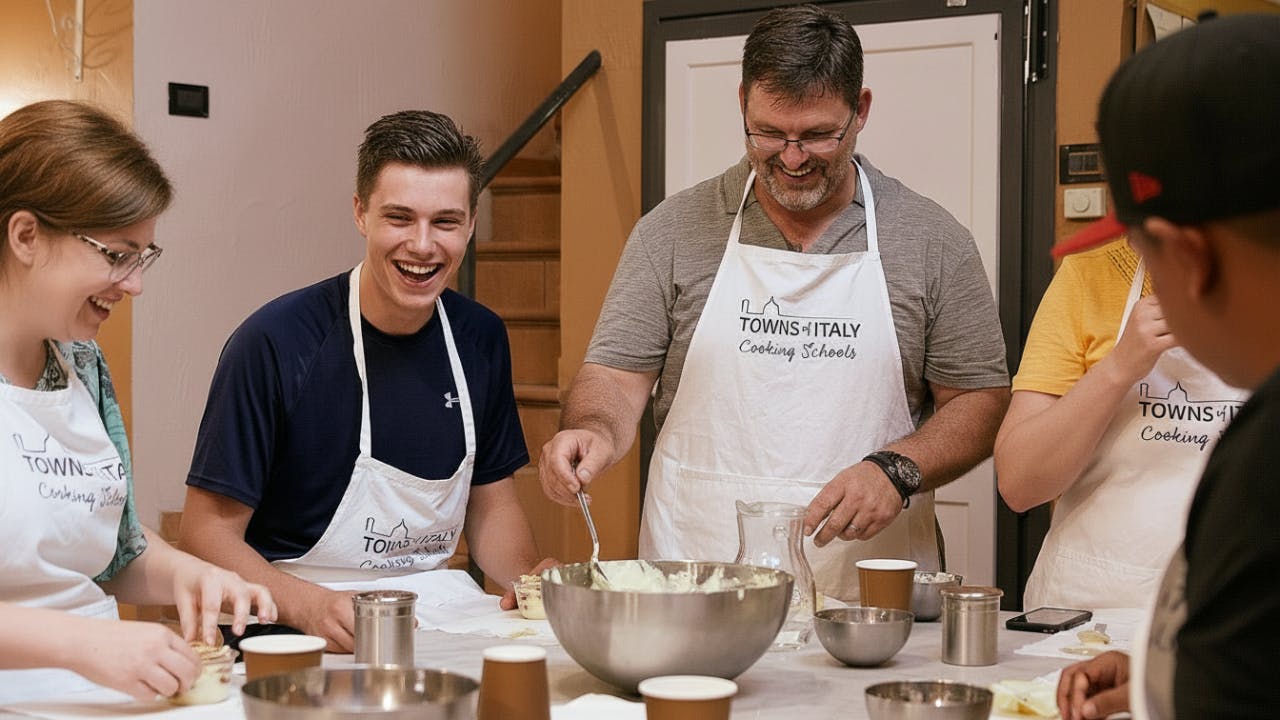 Three people, wearing aprons, smiling and preparing food together in a kitchen environment.