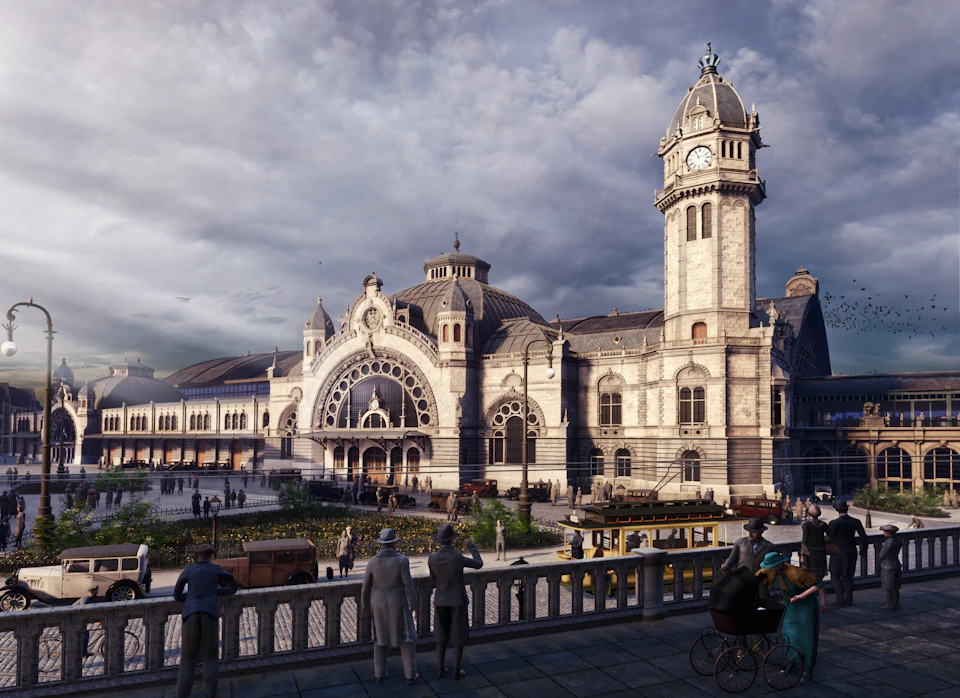 A grand, historic train station with a clock tower, an arched entrance, people, vintage cars, and bicycles under a cloudy sky.