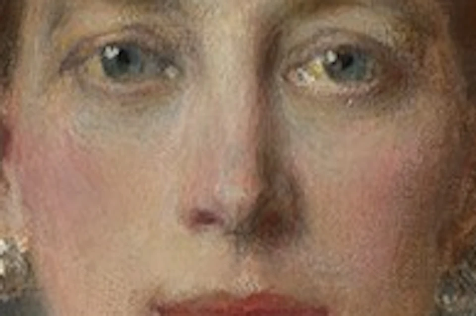 A painted portrait of a regal woman wearing a tiara, jewelry, and a blue sash over a formal white gown.
