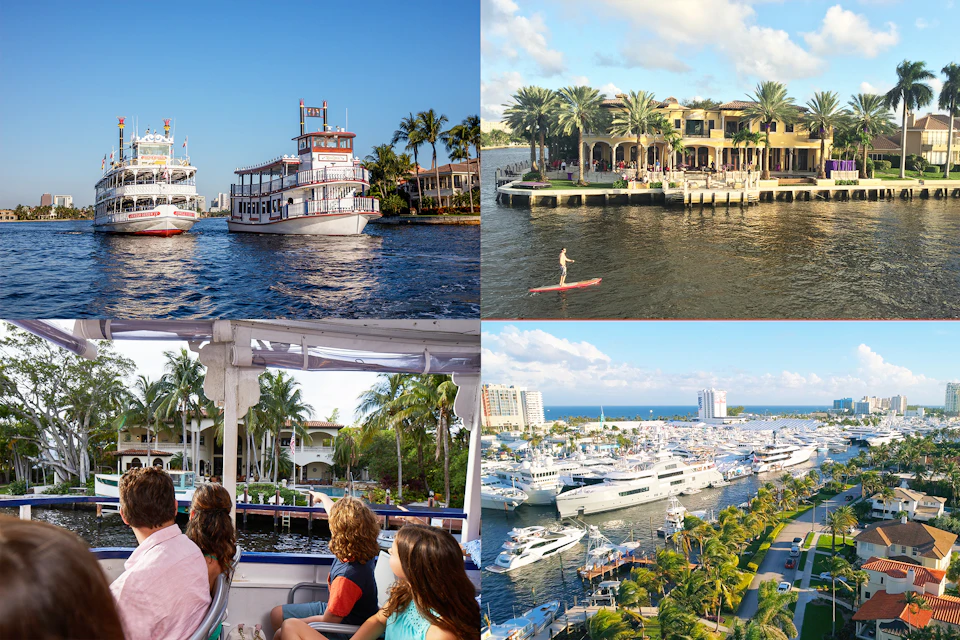 A collage of four images: a riverboat, a paddleboarder near a waterfront mansion, people on a boat tour, and a marina filled with yachts.