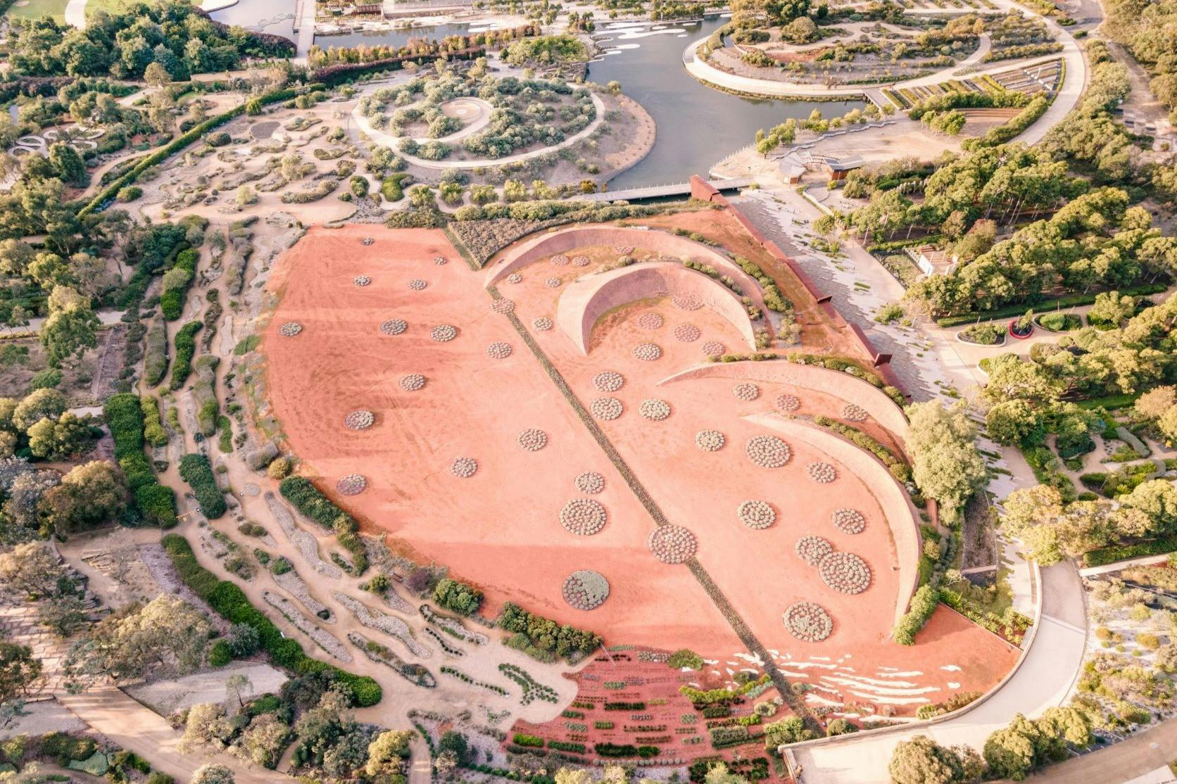 Luftfoto af en ørkenhave med cirkulære planteklynger, snoede stier og en stor spiralformet struktur.