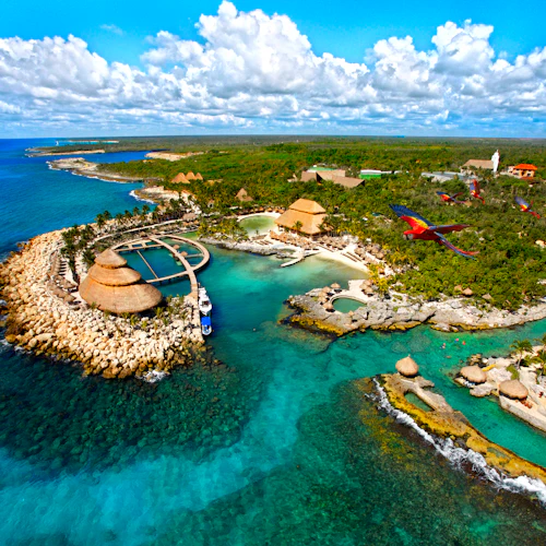 Luftaufnahme eines tropischen Küstenorts mit strohgedeckten Gebäuden, türkisfarbenem Wasser und fliegenden Aras.