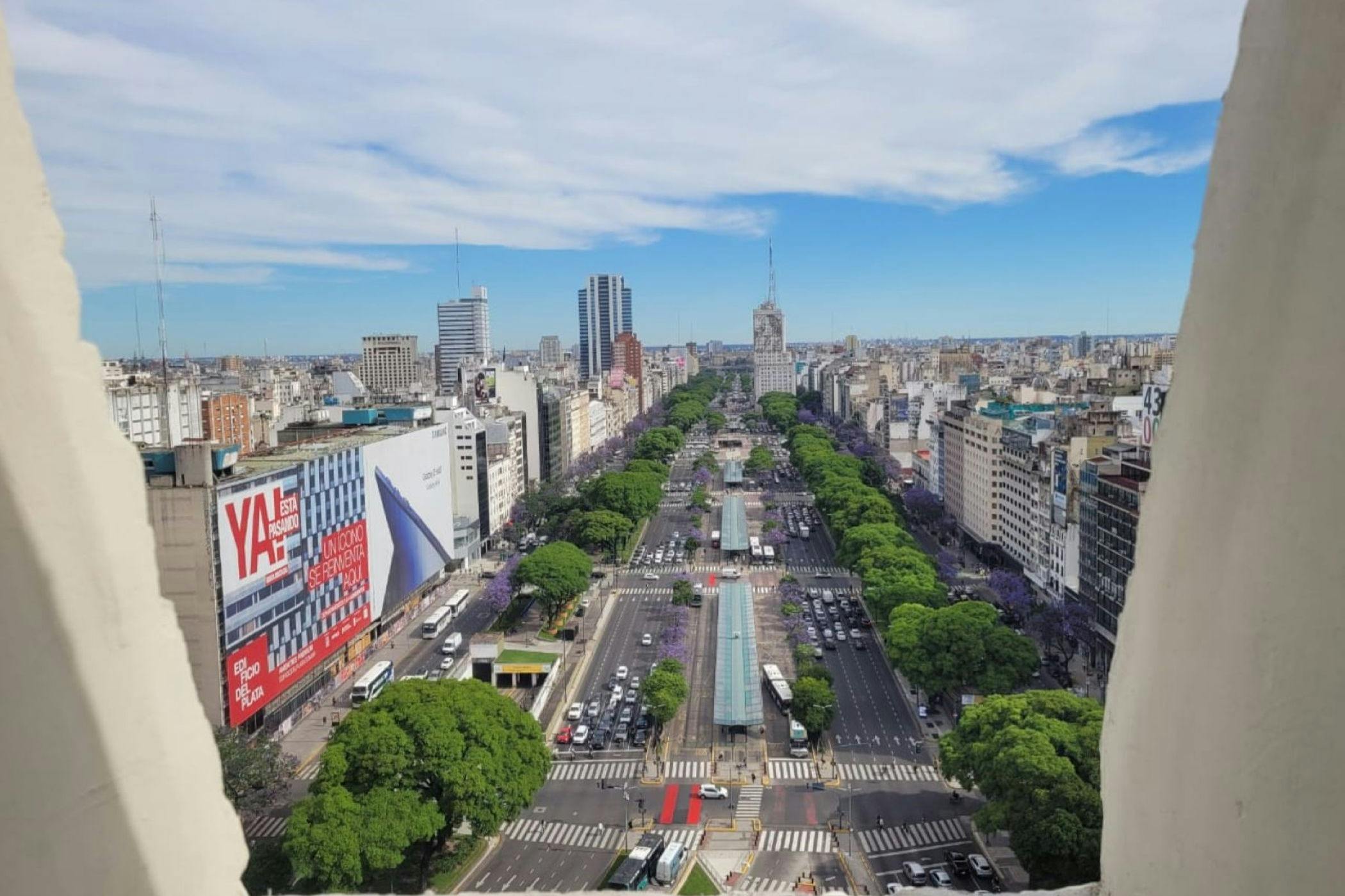 Aerial view of a wide avenue with green trees along its sides, surrounded by urban buildings under a partly cloudy sky.