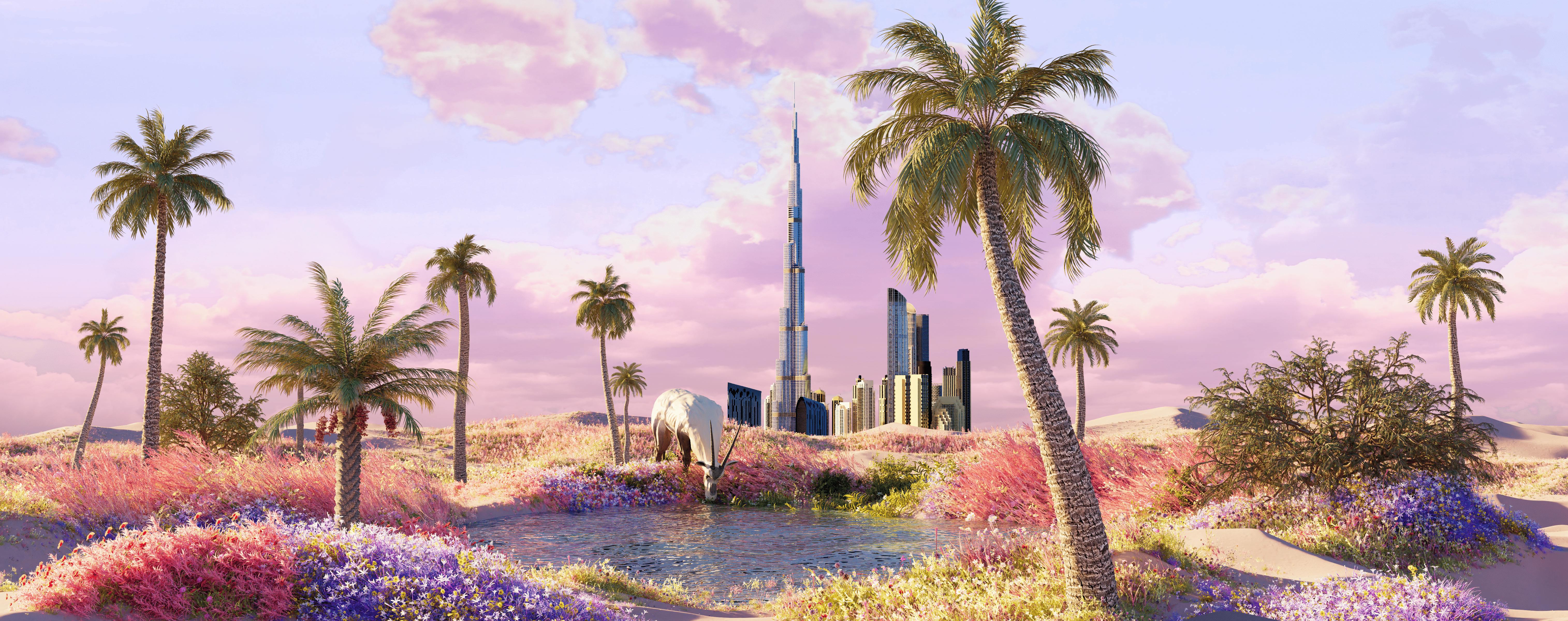 파스텔톤의 하늘 아래 야자수, 물웅덩이, 형형색색의 꽃, 마천루가 어우러진 고요한 풍경.