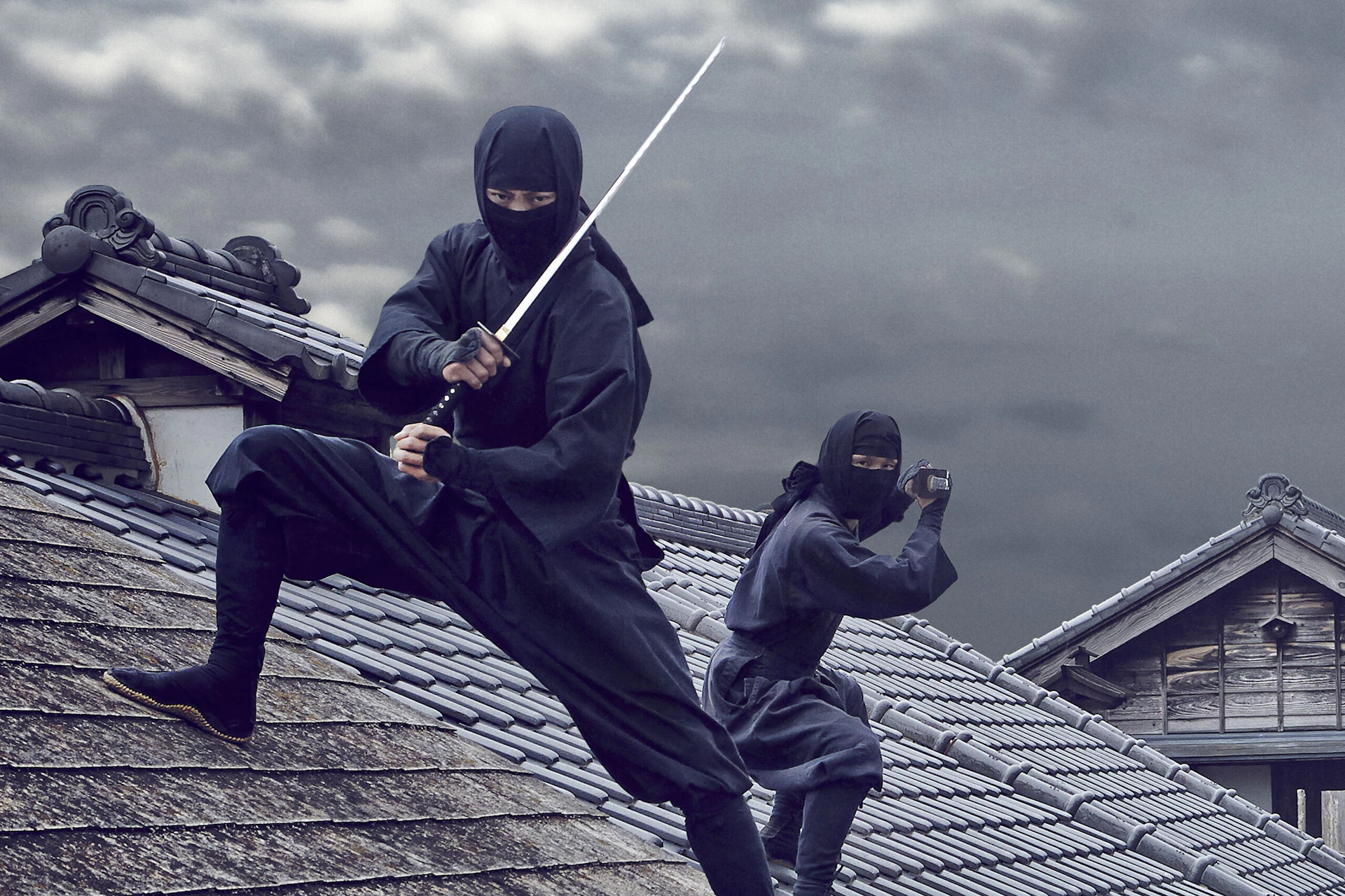 Two ninjas dressed in black, one with a sword, the other with a shuriken, stand on a tiled rooftop under a cloudy sky.