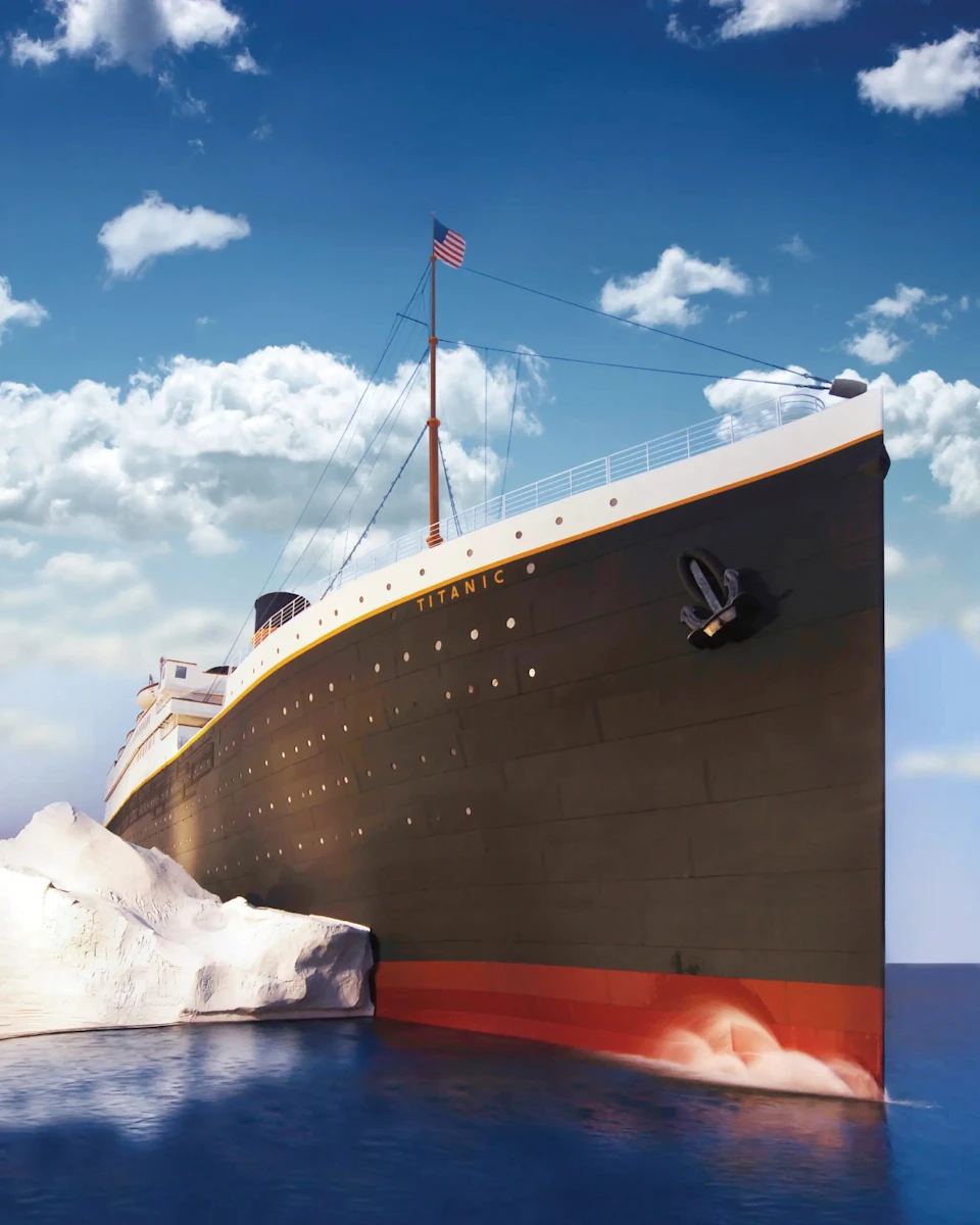 A large black ship with "TITANIC" on the bow and an American flag collides with an iceberg under a cloudy blue sky.