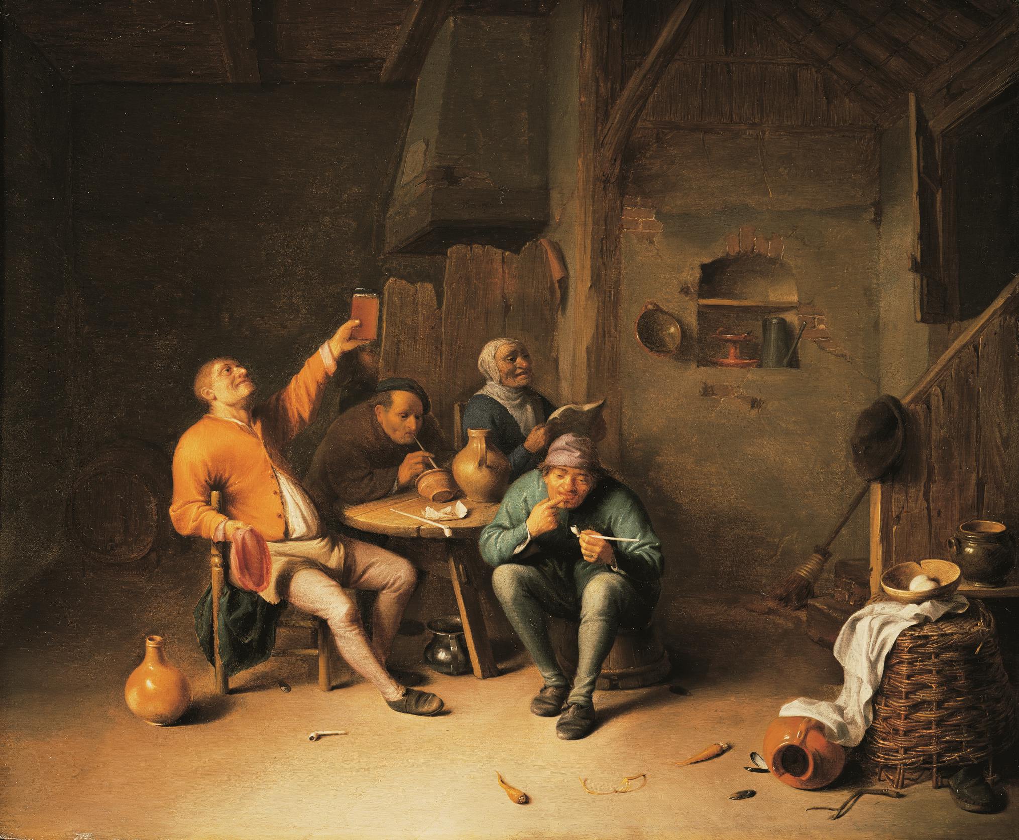 素朴な内装の4人の男性。1人は水差しを持ち、もう1人はパイプを吸って、陶器と暖炉が見える。