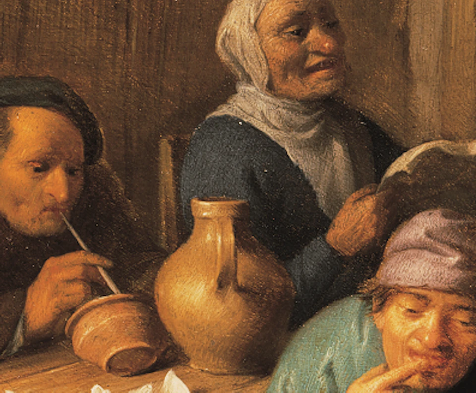 Four men in a rustic interior, one holding a jug up, another smoking a pipe, with pottery and a fireplace visible.