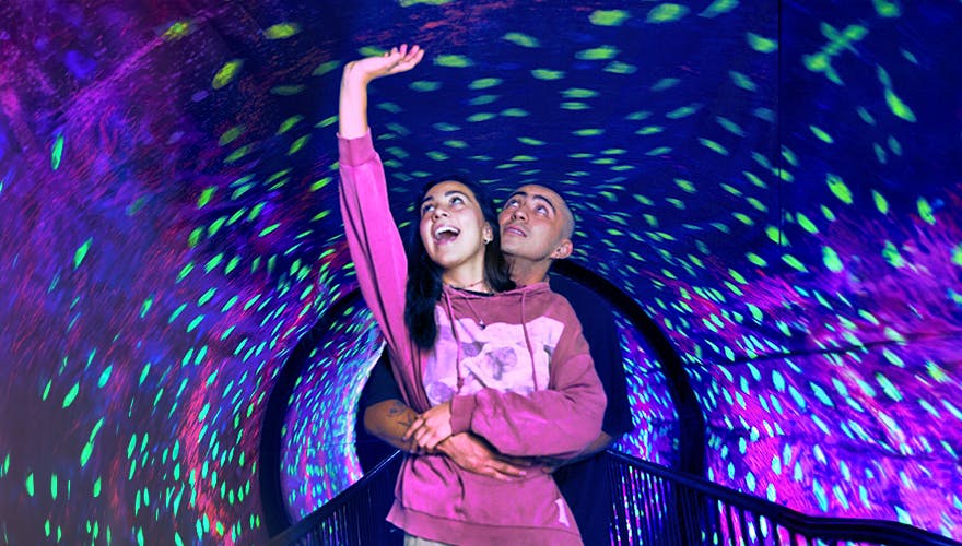 Una parella es troba en una passarel·la en un túnel il·luminat amb llums colorides i arrebossades, amb la dona alegrement alçant la mà.