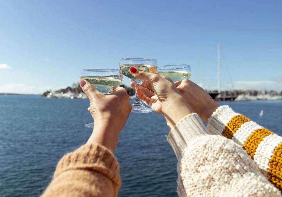 Three hands clinking champagne glasses above a body of water with boats and blue sky in the background.