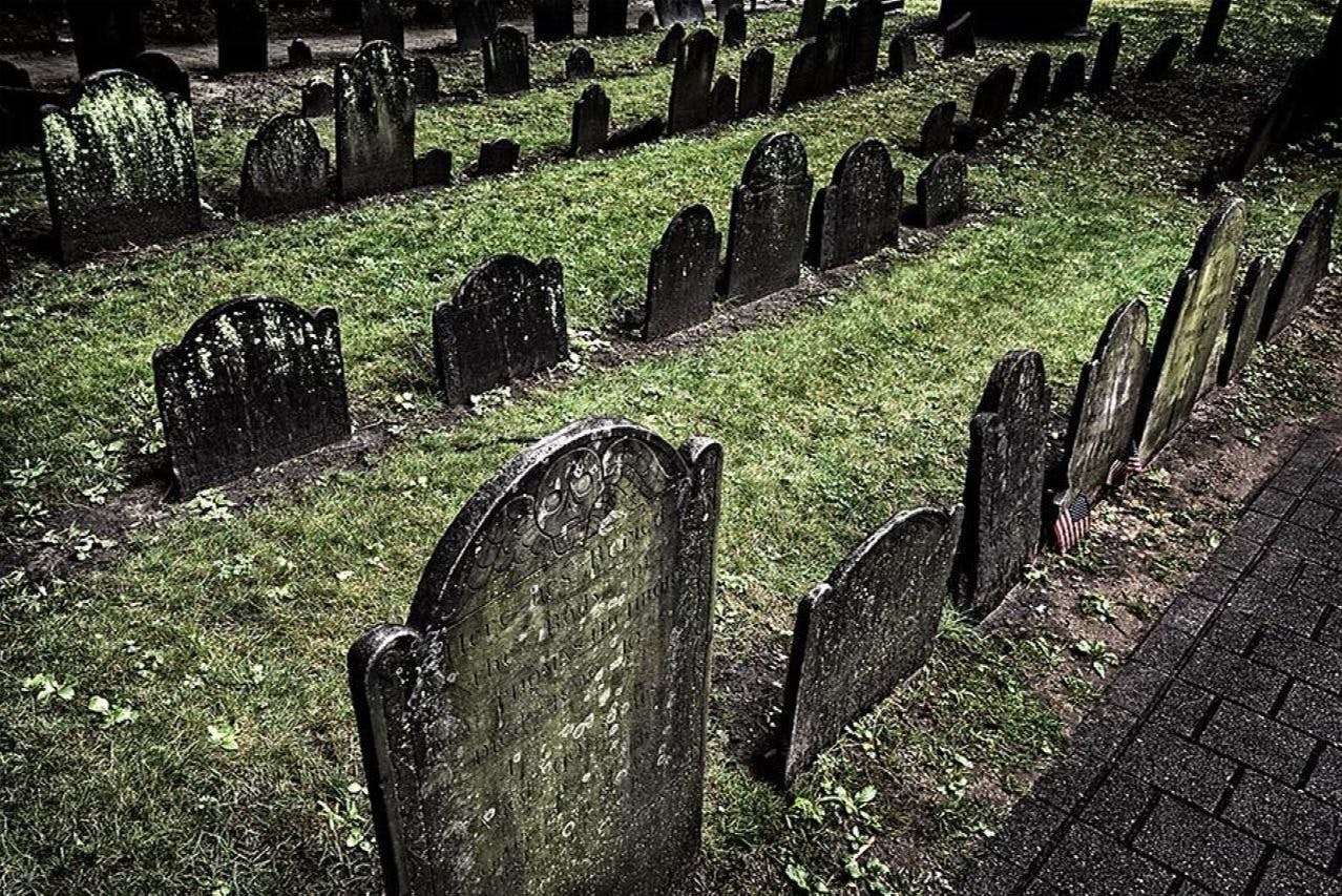 Spooky photo of headstones in the King's Chapel Cemetery