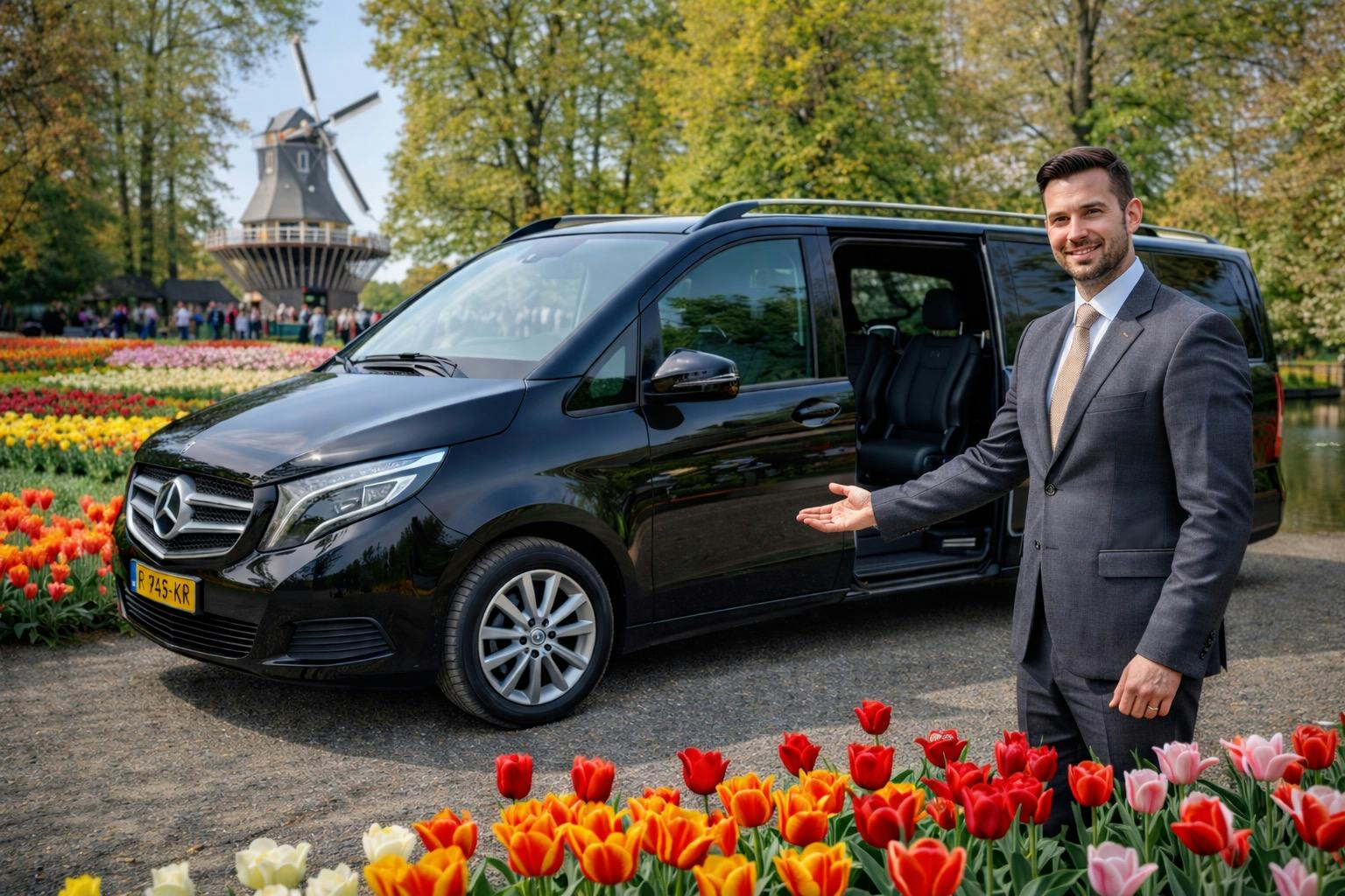 Um homem de fato gesticula para uma carrinha preta com a porta aberta, em frente a um jardim com tulipas coloridas.