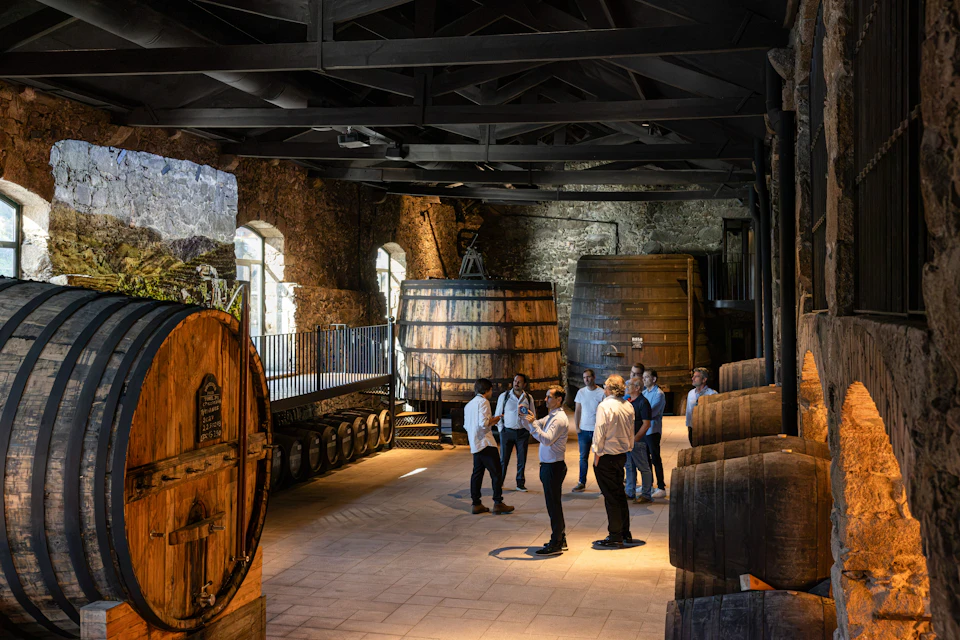 A group of people on a tour of a winery or distillery, surrounded by large wooden barrels and stone walls beneath a high ceiling.