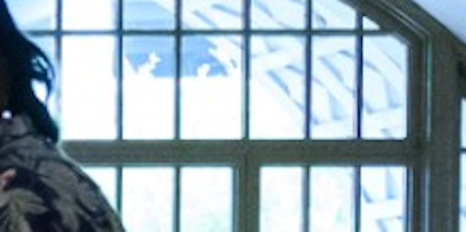 People standing in an art gallery, one holding a hobby horse, with artworks and a large arched window visible in the background.