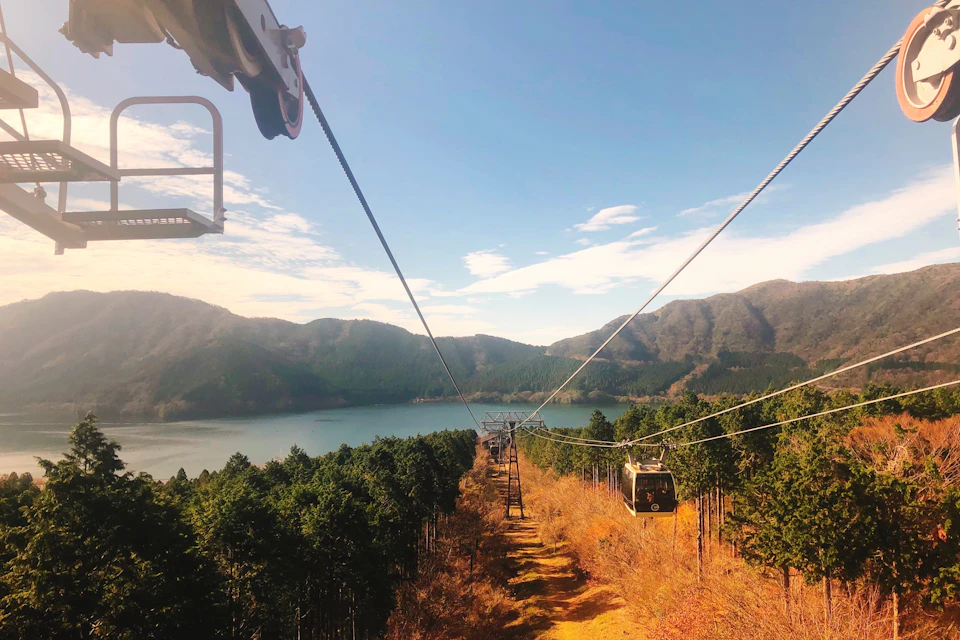 A cable car system over a forested landscape with a lake and mountains in the background under a partly cloudy sky.