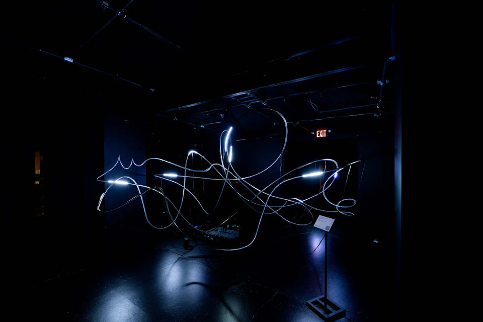 Dark room with illuminated, twisting light tubes and an "EXIT" sign in the background.