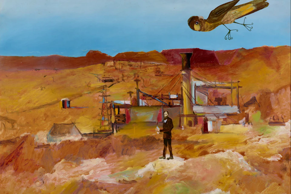 A surreal painting depicting a man in a suit in a desert landscape with industrial structures and a large bird in the sky.