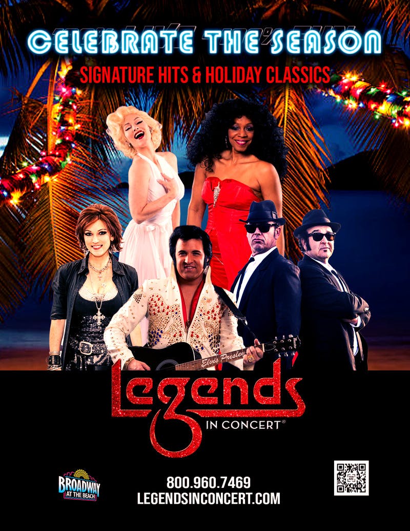 Promotional poster with six performers dressed as legendary musicians in front of a festive, tropical background with lights.