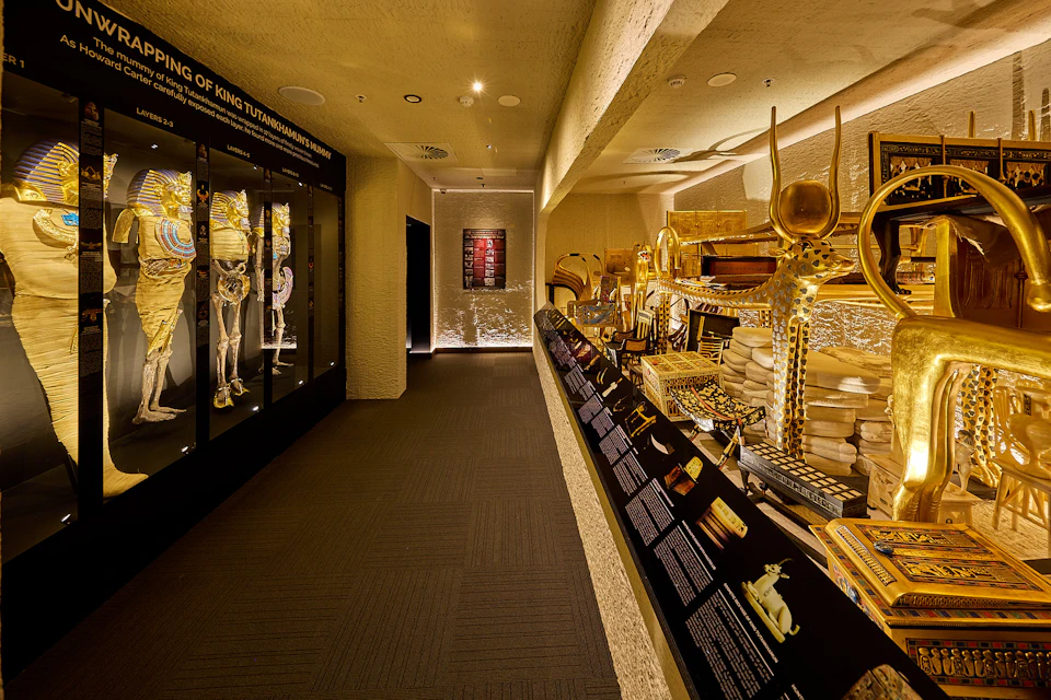 Museum exhibit featuring golden artifacts, statues, and displays related to King Tutankhamun, with informational panels along a corridor.