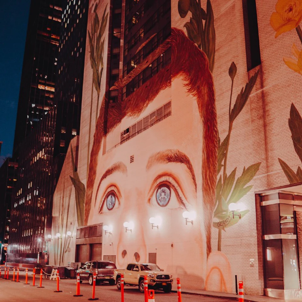 Large mural of a child's face with blue eyes on a city building, surrounded by tall plants and parked cars below at night.