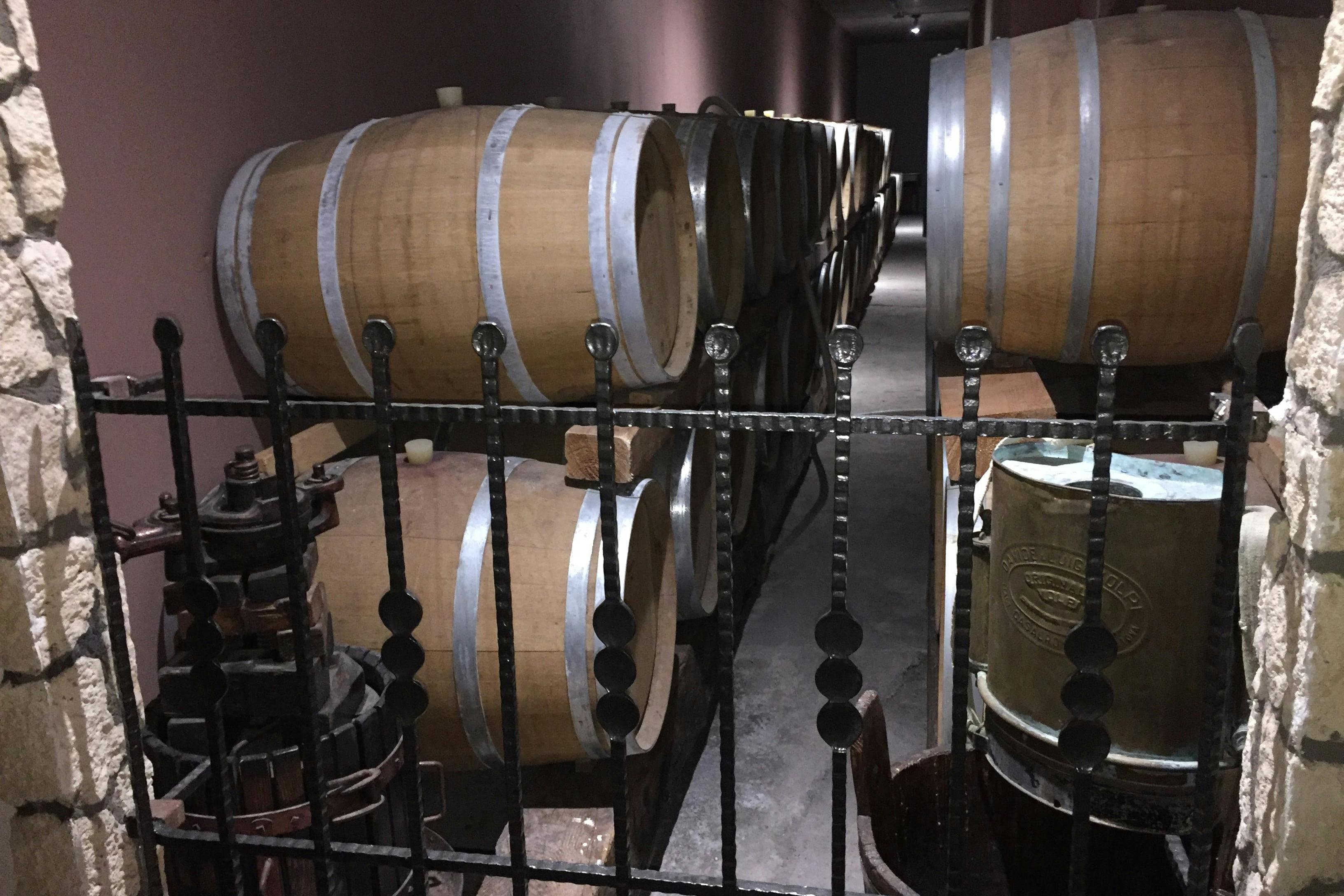 Una fila di barili di legno conservati in una stanza poco illuminata dietro un cancello di metallo ornato.