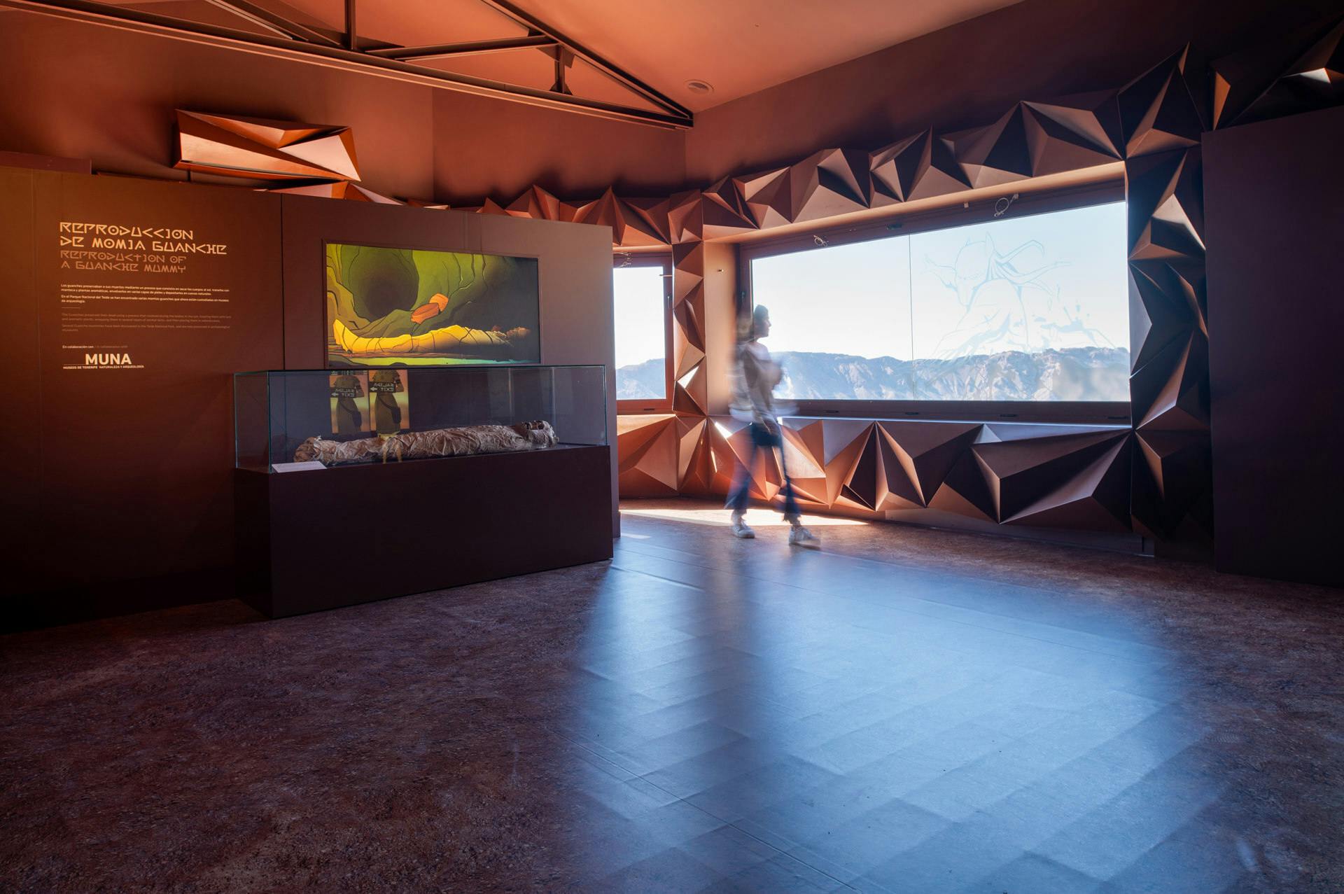 En person, der går forbi en indendørs udstilling med naturudstillinger, med store vinduer, der viser et bjergrigt landskab.
