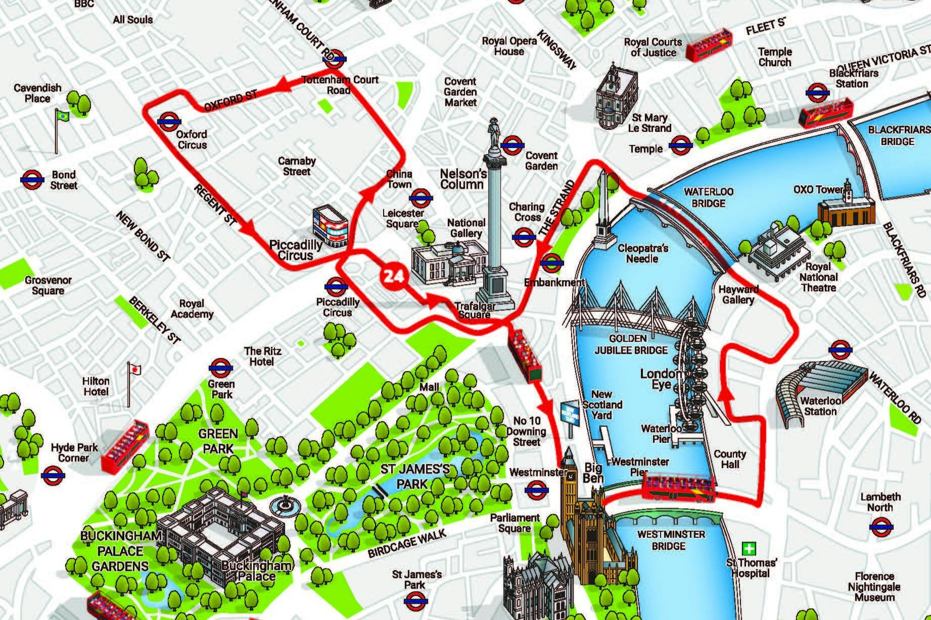 A detailed illustrated map of central London highlighting landmarks, parks, the River Thames, and a red bus route.