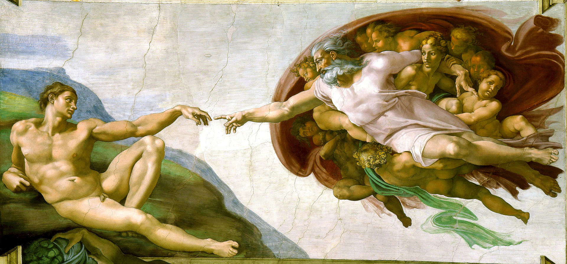 Naked man reclining, reaching toward another hand. Set against a background with green and beige tones. Crack lines visible on the surface.