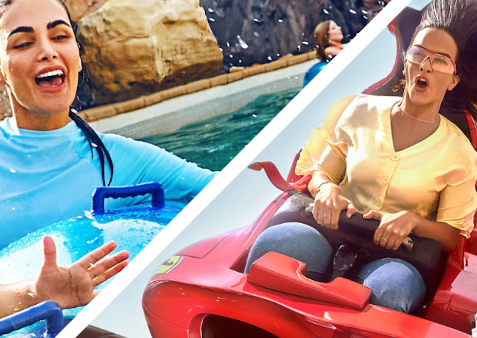 Split image: Left shows a woman and child enjoying a water slide; right shows people on a red roller coaster, smiling and screaming.