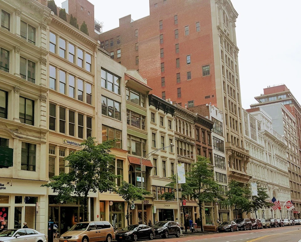 A city street with rows of historic buildings, storefronts, trees, and parked cars under an overcast sky.