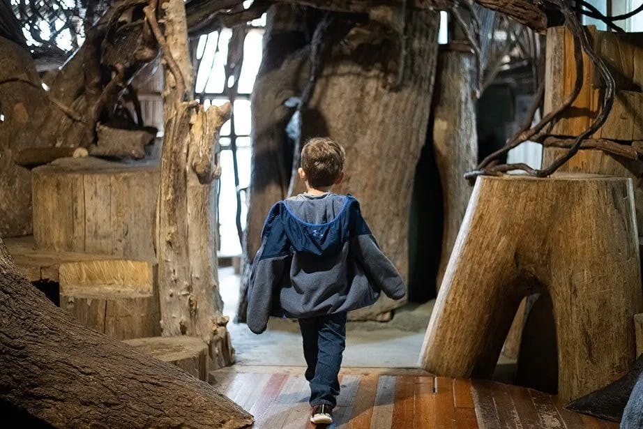 Ένα παιδί με μπλε μπουφάν περνάει μέσα από μια παιδική χαρά με μεγάλες ξύλινες κατασκευές που μοιάζουν με δέντρα.