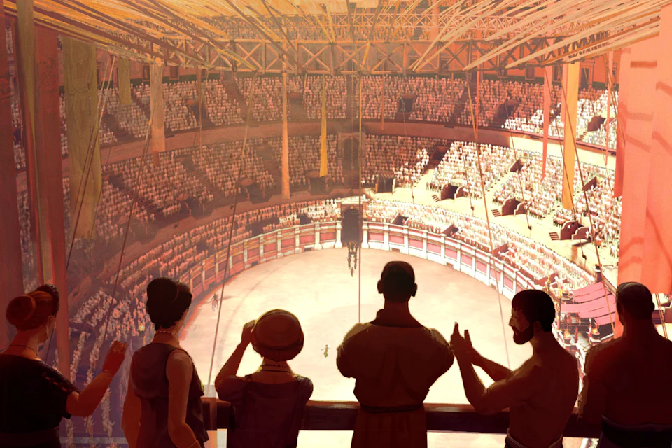 Four people in ancient attire watch a populated amphitheater from a balcony, with the arena floor visible below.