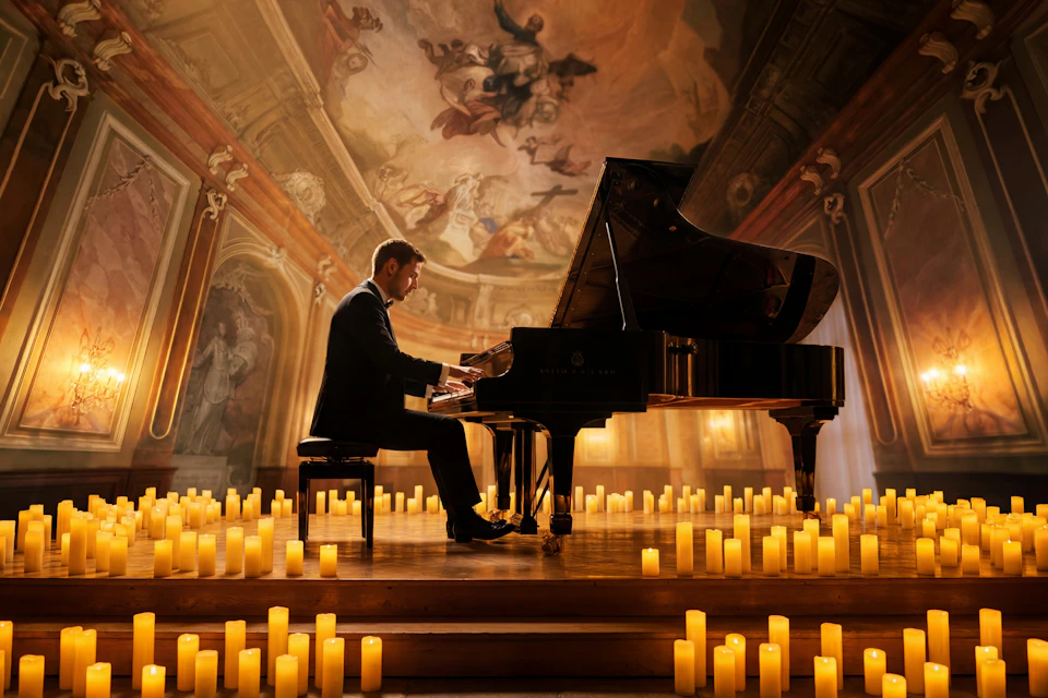 A man in formal attire plays a grand piano on a stage surrounded by lit candles, with a painted ceiling in the background.