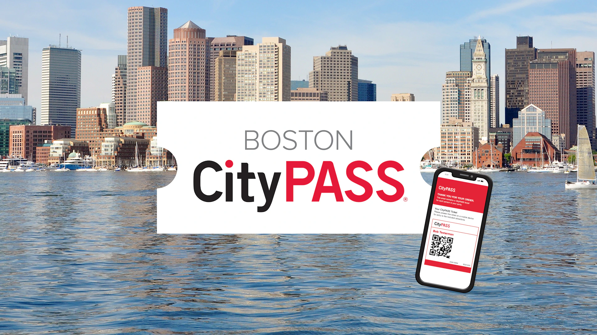 Boston skyline with tall buildings, water in the foreground, and a "Boston CityPASS" ticket and mobile pass shown.