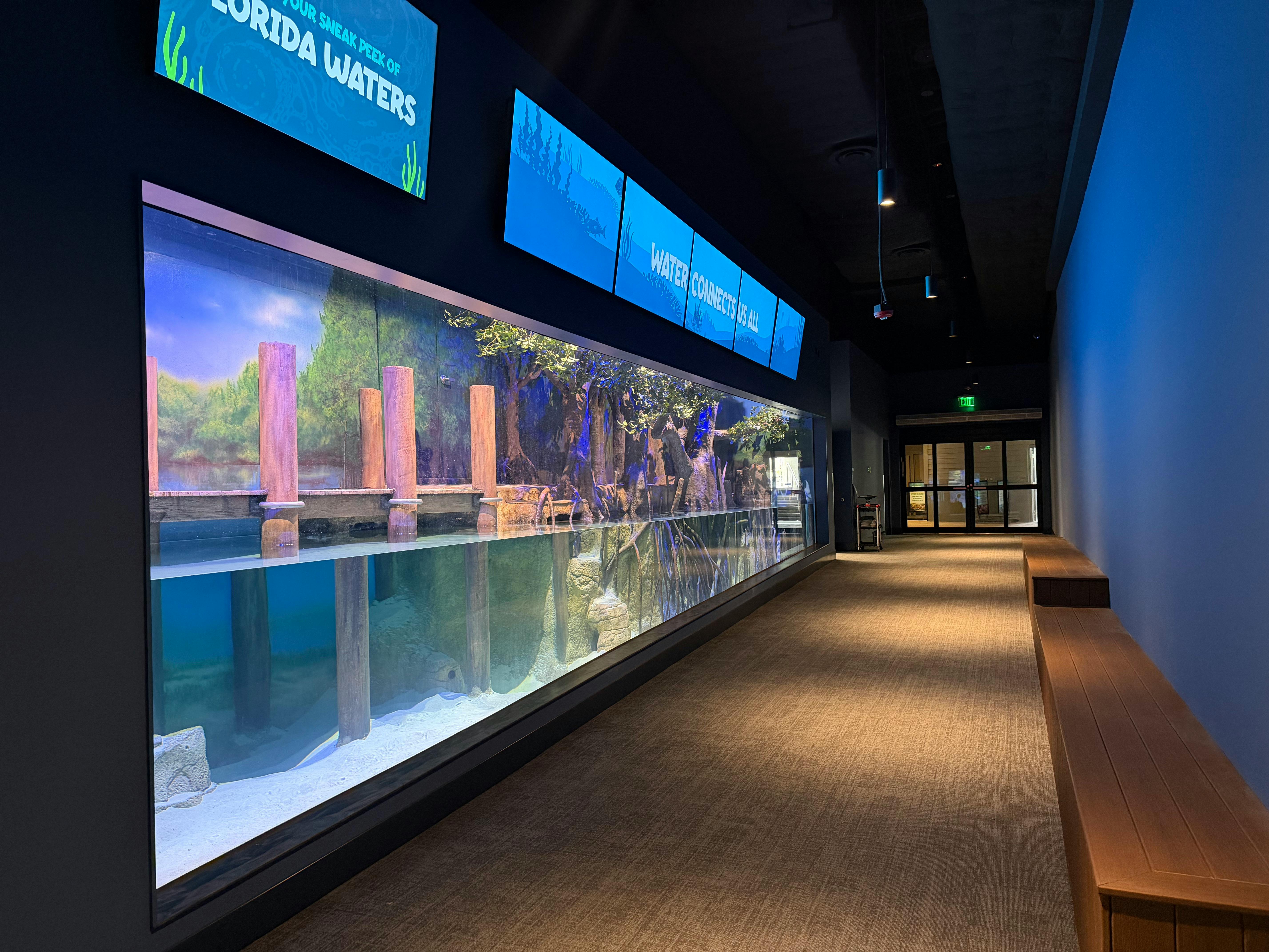 Un aquarium intérieur comprenant un grand réservoir avec de l'eau et des poteaux en bois, sous un plafond avec des panneaux lumineux bleus.