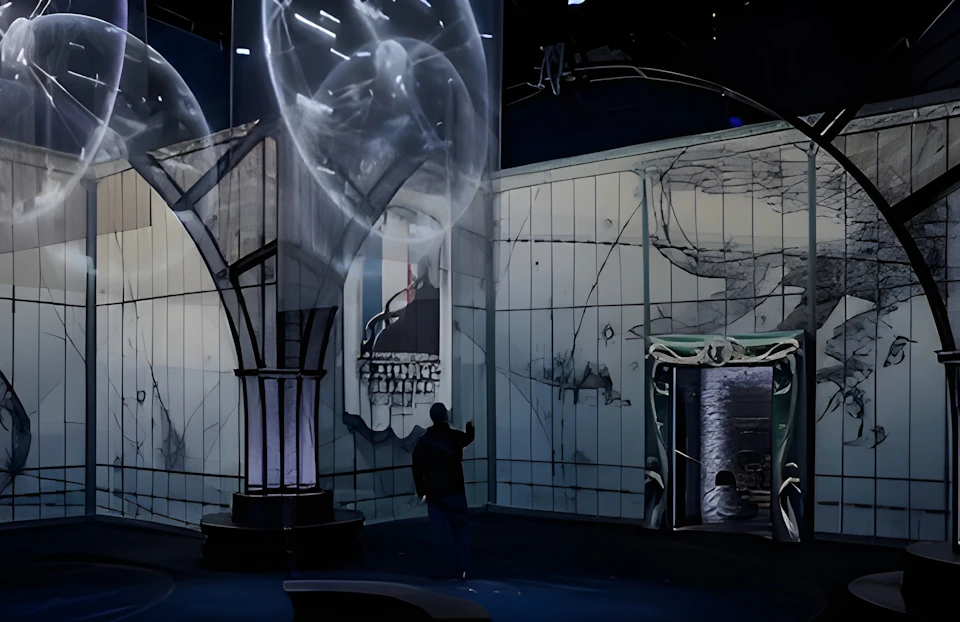 A person points at large, translucent spheres depicting skeletal images in a dimly lit exhibit with an anatomical theme.
