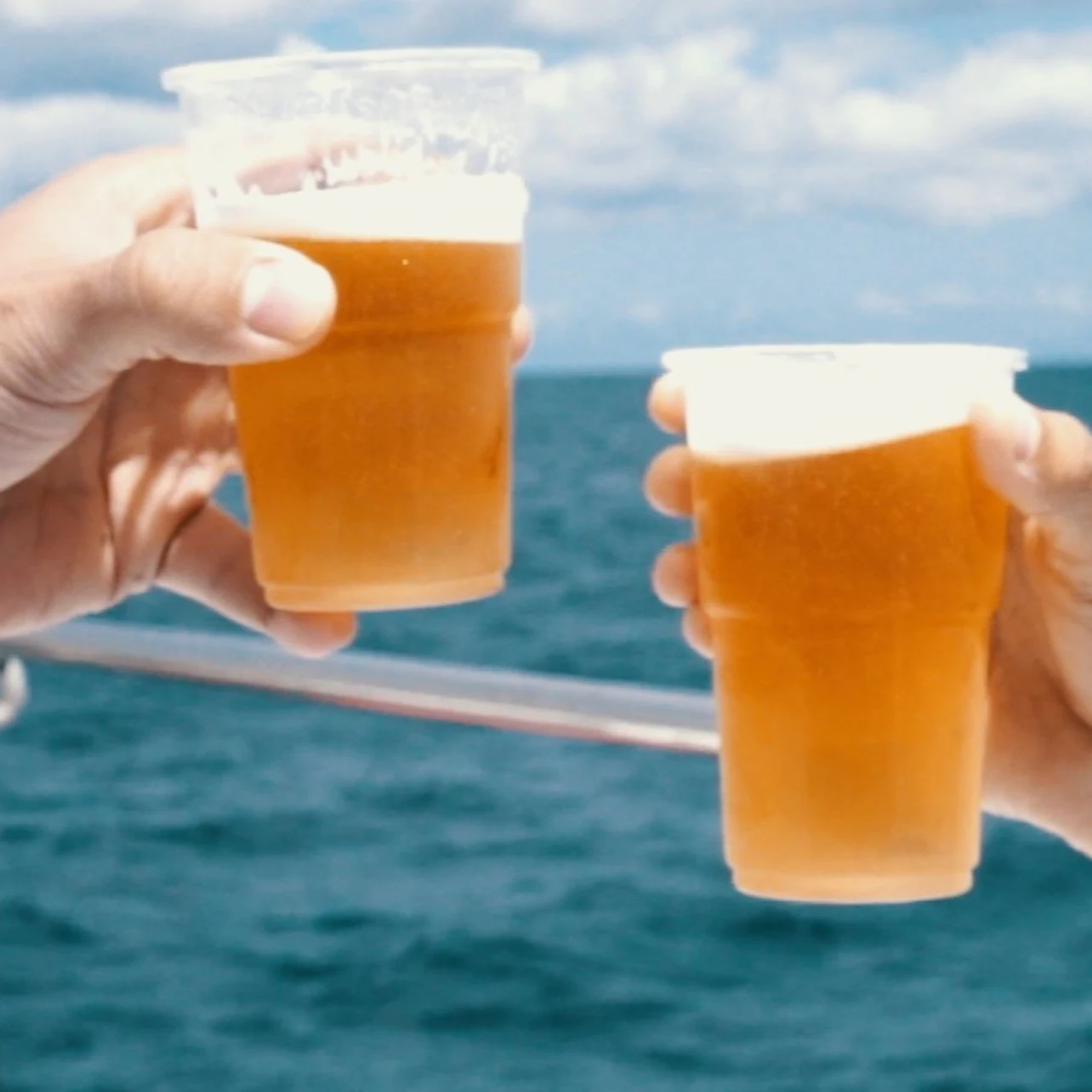 Two hands holding plastic cups filled with beer, with the ocean and a blue sky in the background.