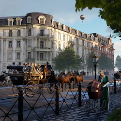 Gatuscen från den viktorianska eran med människor som åker vagnar, cyklar och går. Utsmyckade byggnader och en luftballong i bakgrunden.