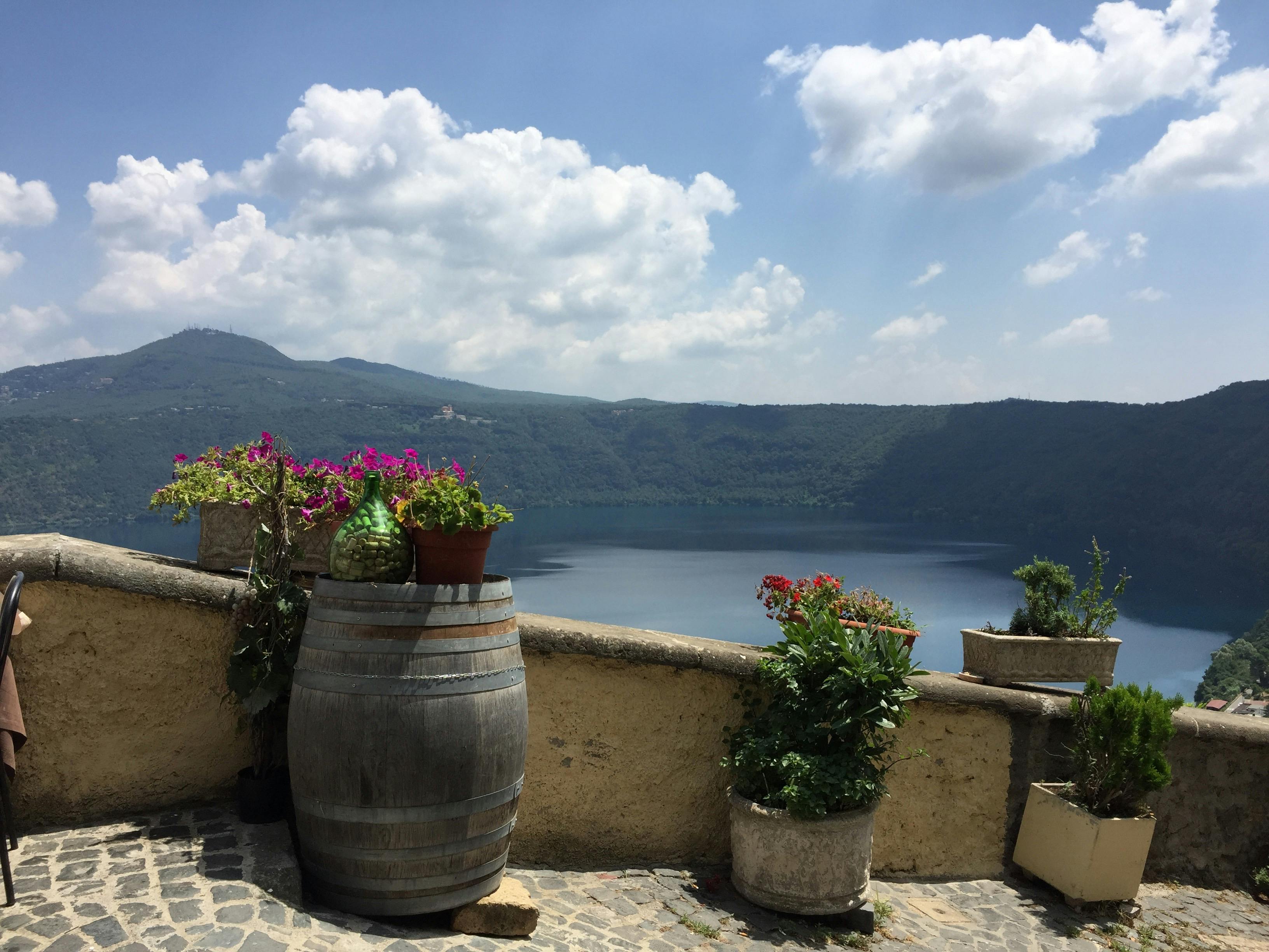 Plants in pots placed on a stone patio overlook a serene lake surrounded by mountains under a partly cloudy sky.
