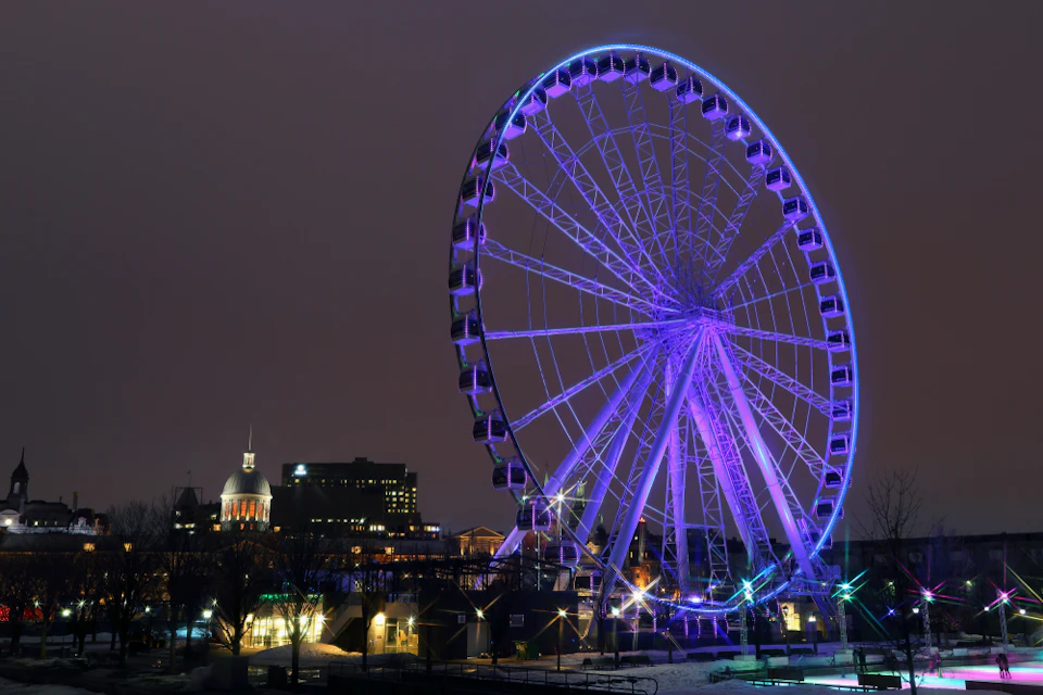 A large Ferris wheel illuminated in purple against a nighttime cityscape. Buildings and trees are visible in the background.
