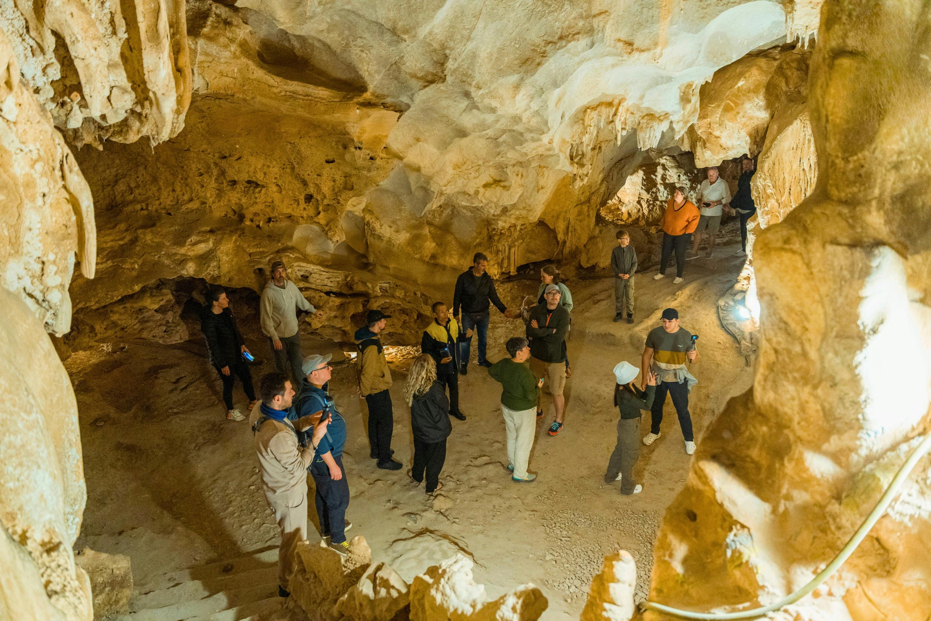 A group of people inside a large cave illuminated by artificial lights, engaging in conversation and exploring the surroundings.