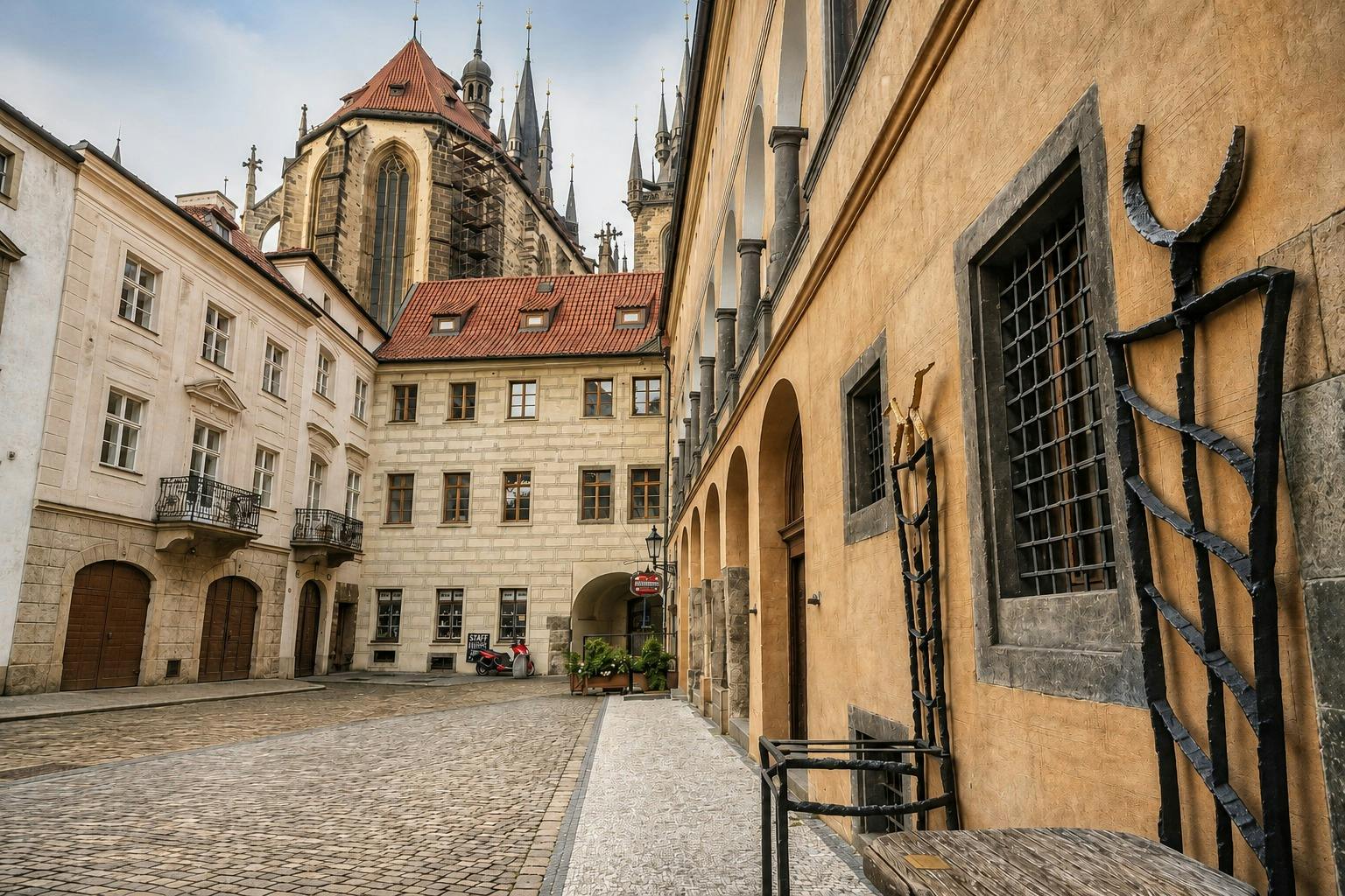A cobblestone courtyard with historic buildings and a church with spires in the background under a partly cloudy sky.