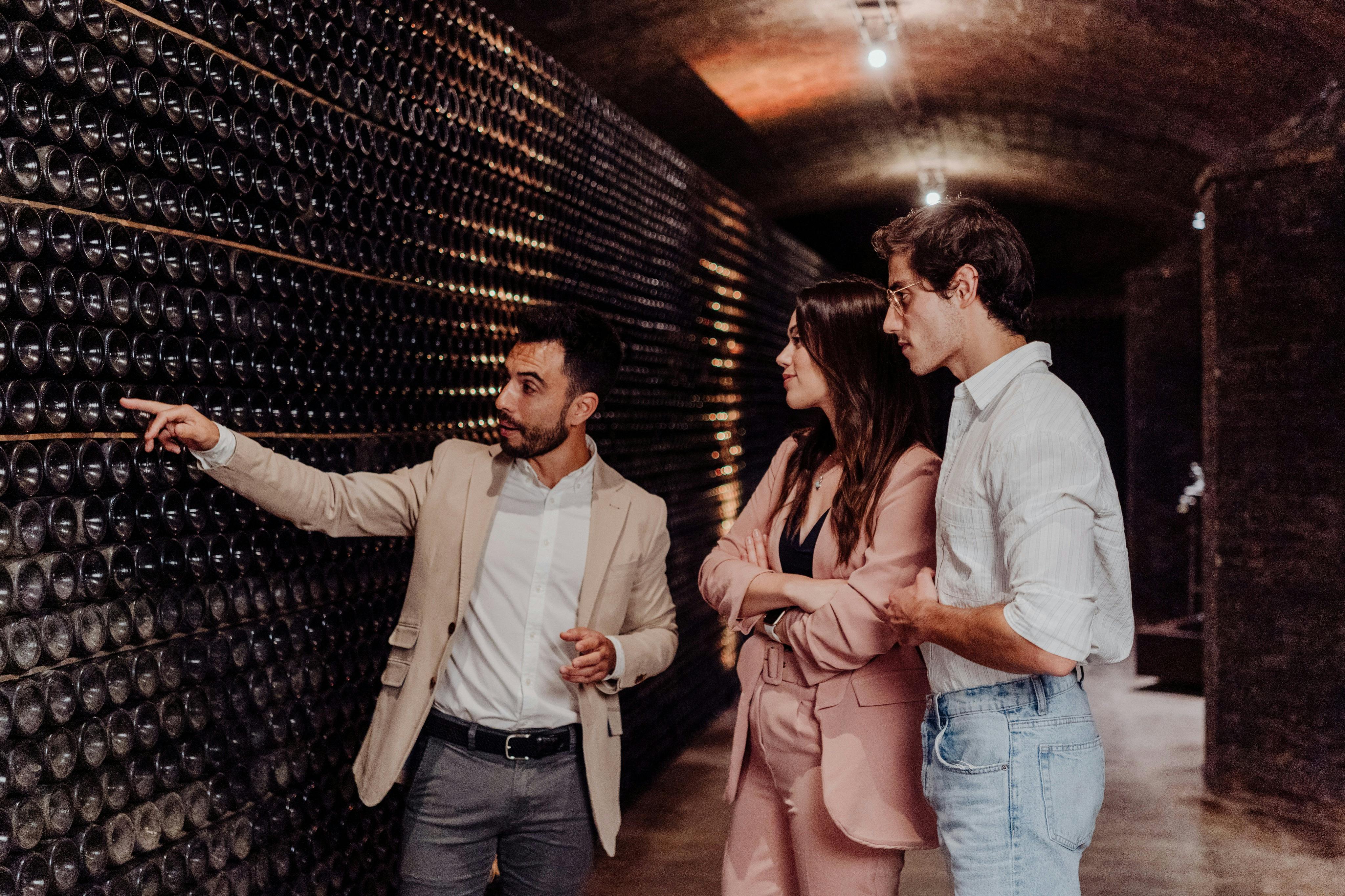 Três pessoas em trajes formais estão numa adega pouco iluminada, conversando enquanto olham para as filas de garrafas de vinho nas prateleiras.