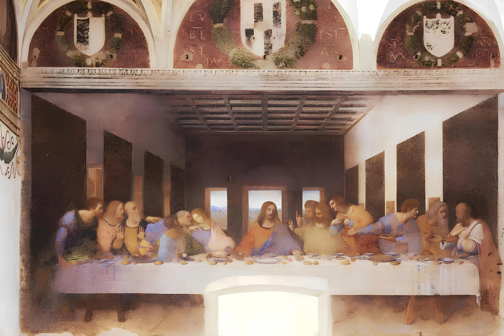 A depiction of the Last Supper with Jesus and his disciples seated at a long table inside a dimly lit hall with arched ceilings.