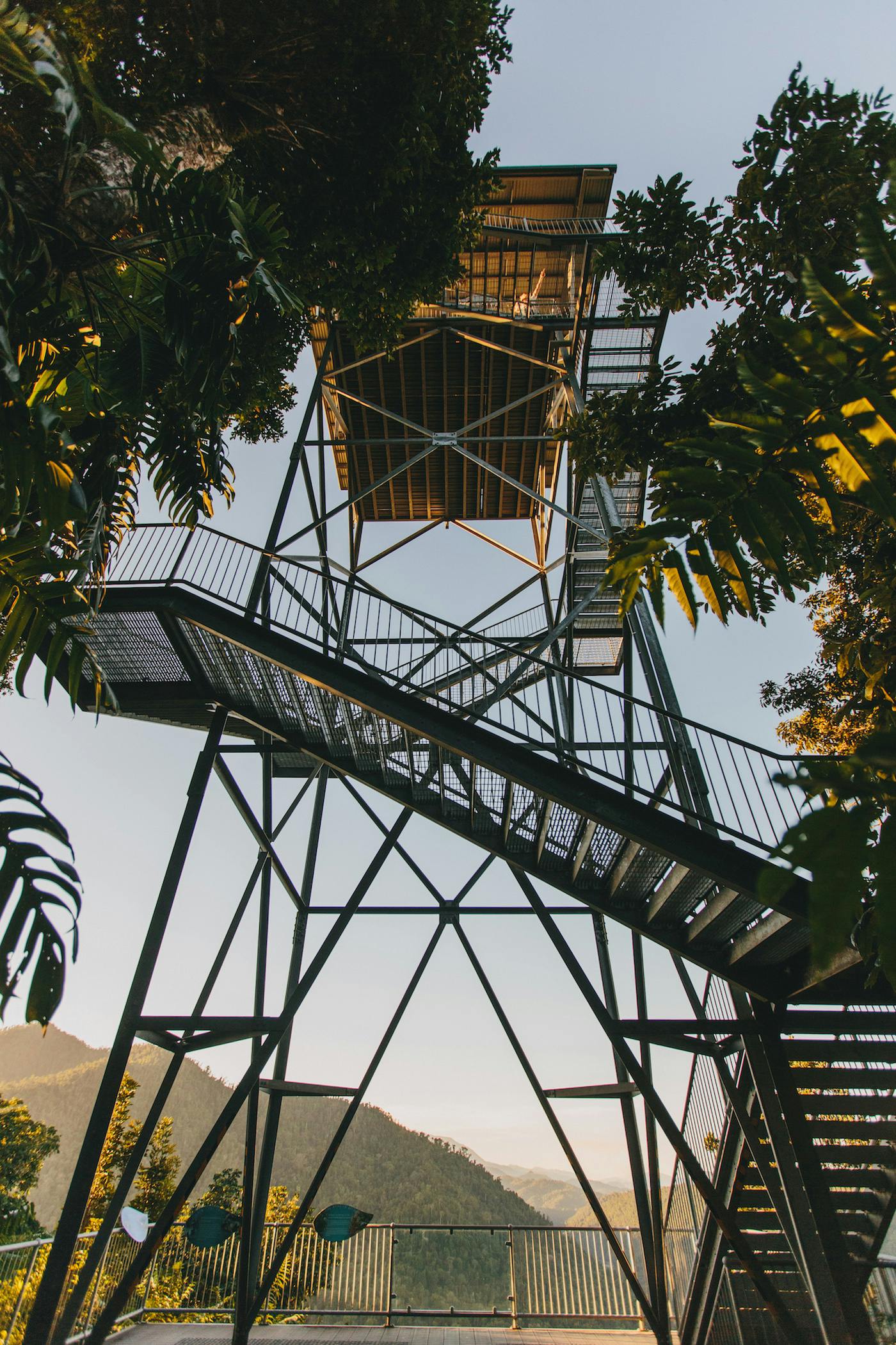 A metal observation tower with stairs, surrounded by trees, and a person visible in the upper platform.