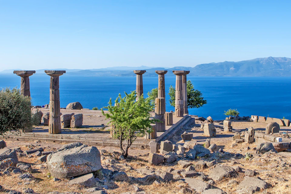 Antique columns off the coast of the Aegean Sea. Troy. Turkey